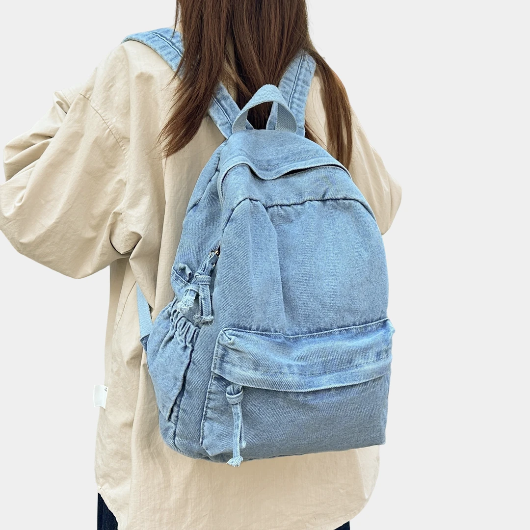 背不烂日系文艺水洗牛仔布学生书包女大容量休闲通勤森系双肩包