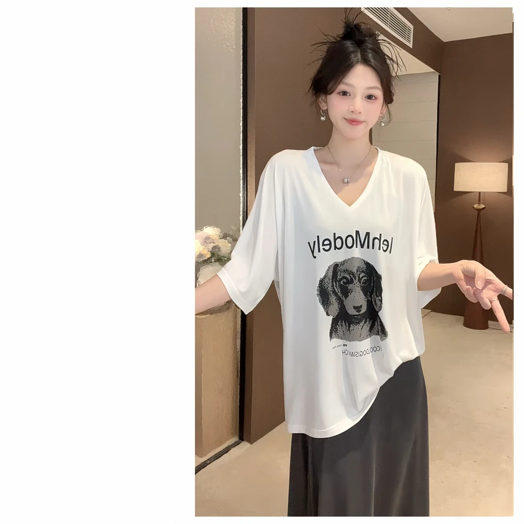 【直喷小狗】V领轻薄透气夏季宽松oversize春夏秋短袖T恤女