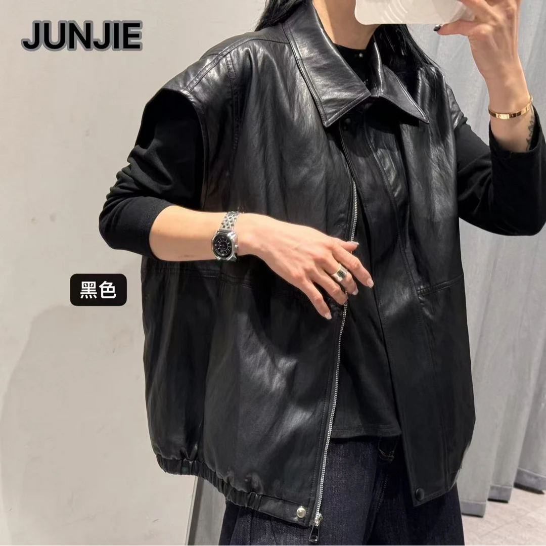 『JUNJIE』翻领皮马甲·复古休闲酷帅无袖夹克坎肩皮衣25801