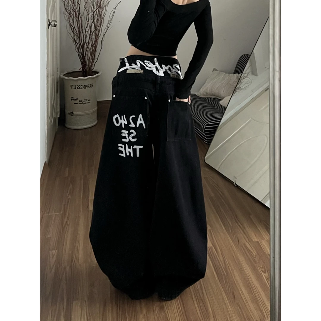 美式复古字母印花双腰头豹纹拼接弯刀裤男女宽松廓形拖地牛仔裤潮