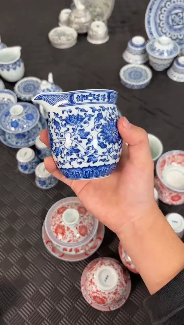 盖碗瓷景德镇陶瓷茶具青花点工缠枝莲公道杯