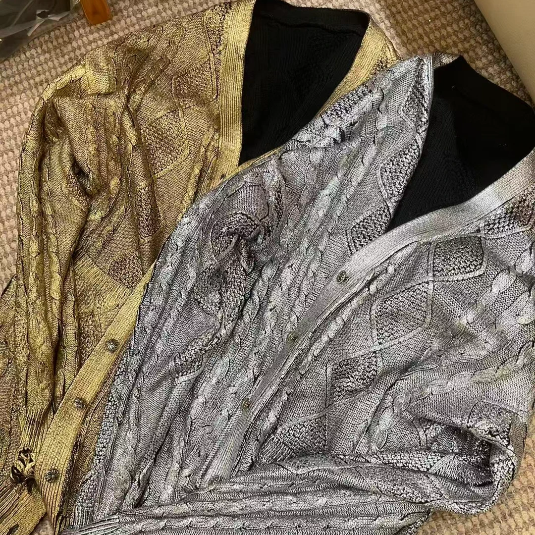【60009金色烫金毛衣外套】2026毛衣上衣女秋冬外搭慵懒风毛衣