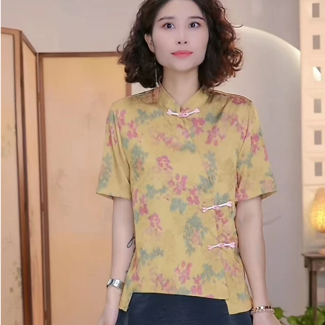 侧偏门襟黄色提花复古小衫