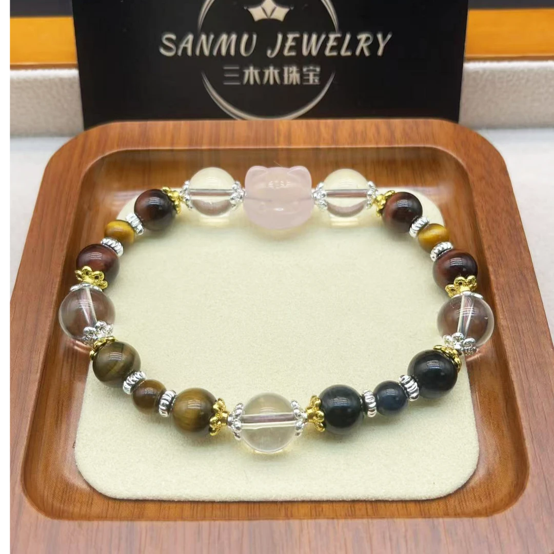 16天然水晶手串虎眼石白水晶粉水晶女生手串原创设计款