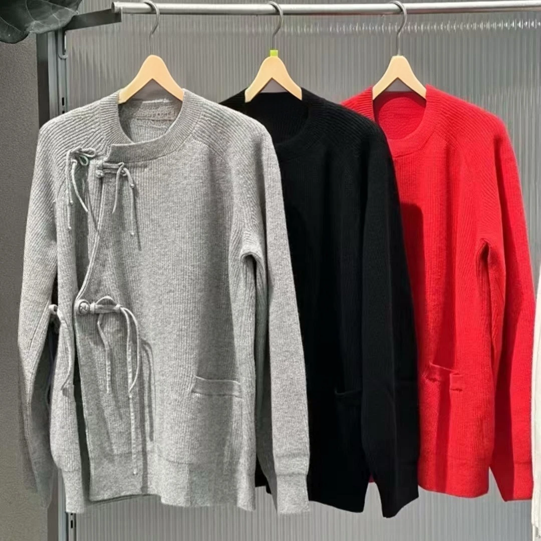 灰色毛衣开衫外套女2025新款春新中式盘扣圆领宽松慵懒风针织上衣