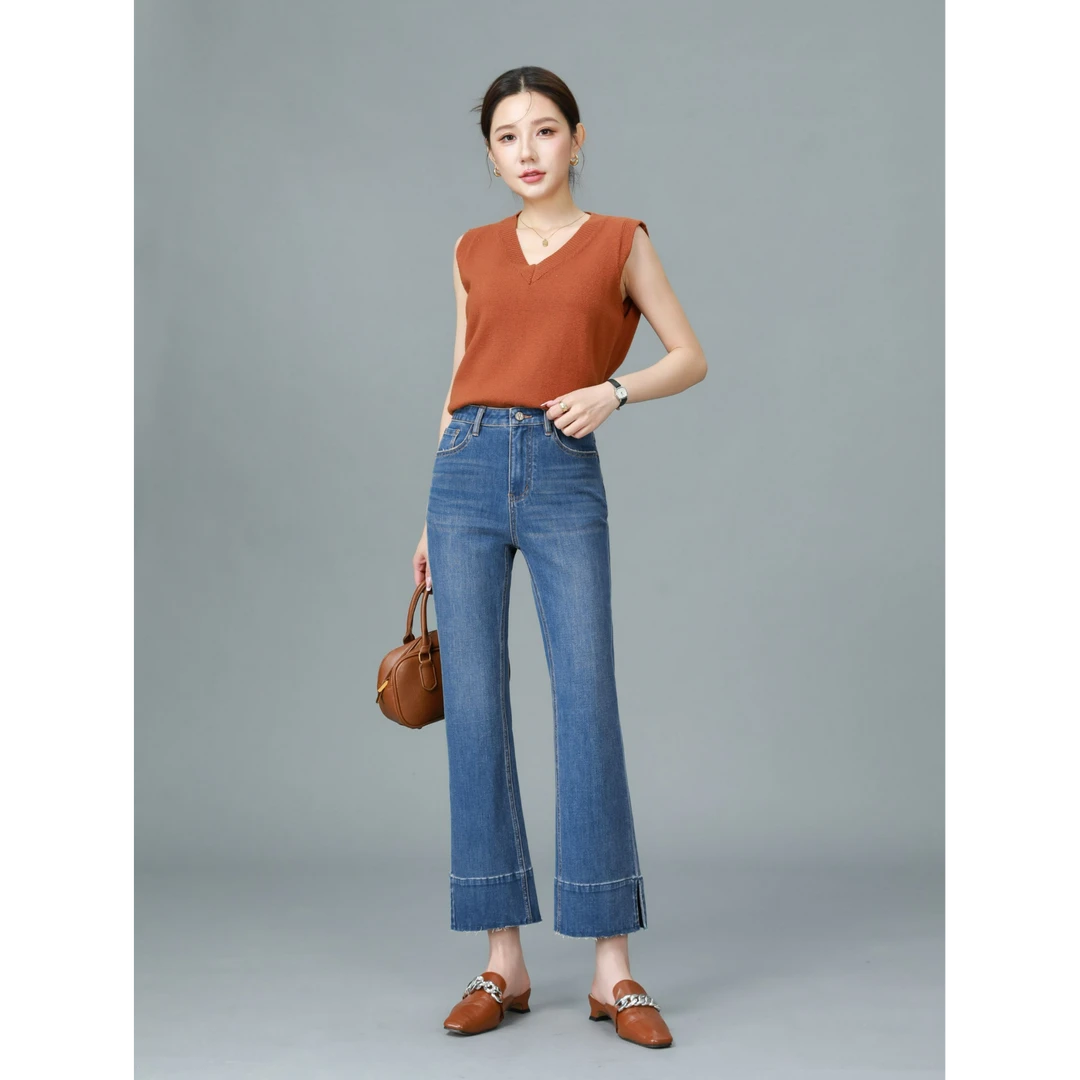 四面弹开衩微喇裤舒适弹力牛仔裤女士高腰宽边小个子穿搭牛仔裤