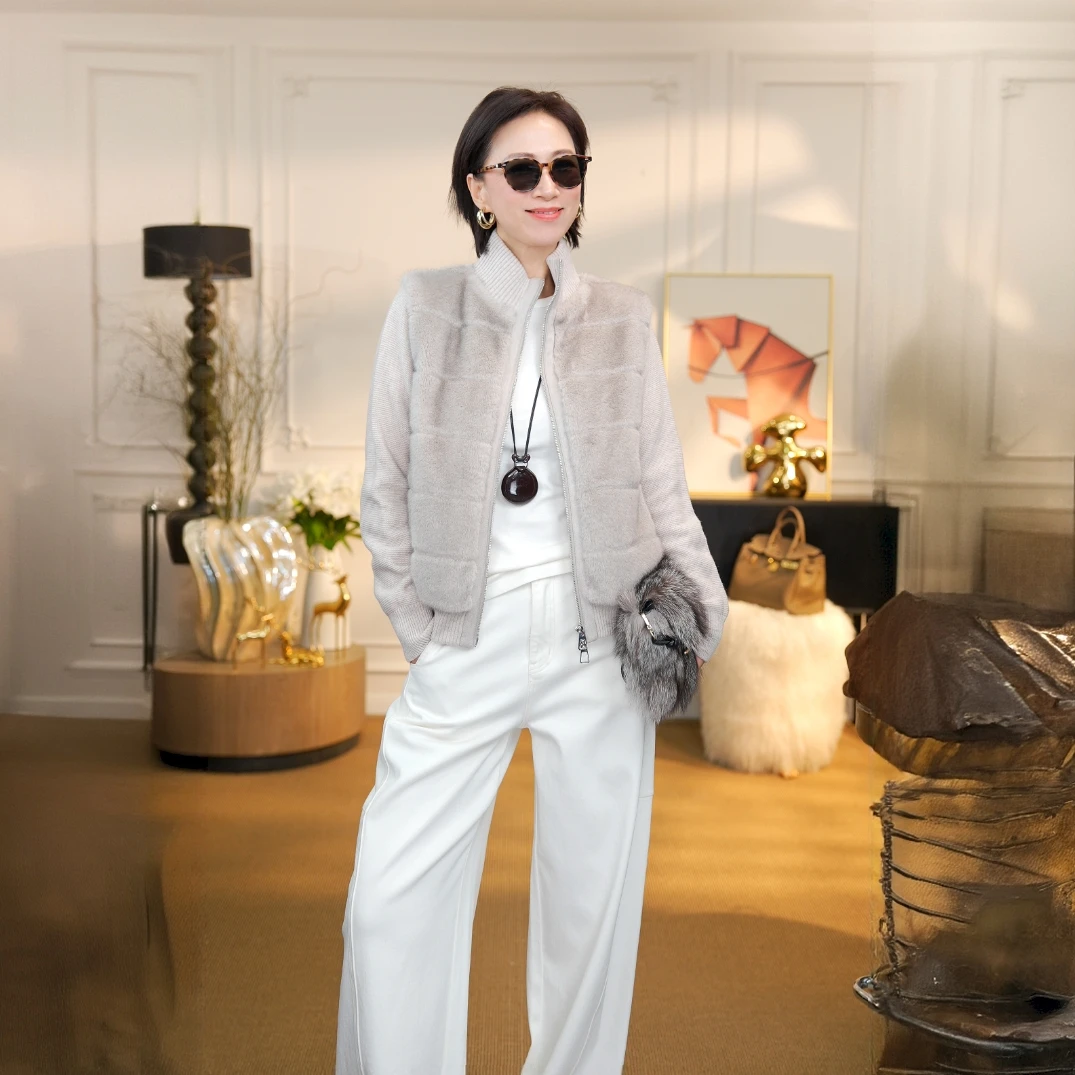 100羊毛白鹅绒立领环保皮草外套D25WWT1213