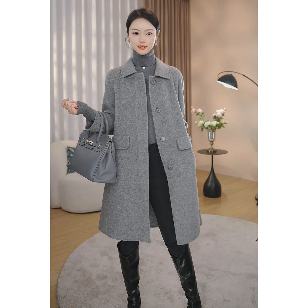 【曼贝】纯澳毛100%双面毛呢大衣女冬高端时尚定制8384007【甜甜】