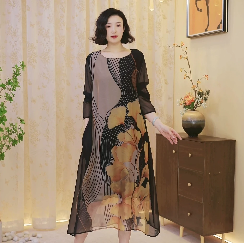 2581黄【桑蚕丝/清韵雅风】2025年早春新款时尚百搭宽连衣裙