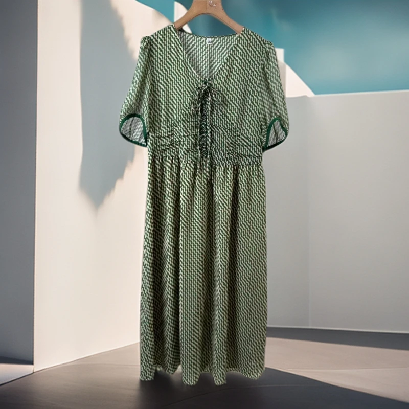 【W80绿色黑色波浪】时尚百搭新款休闲时尚百搭洋气2025连衣裙