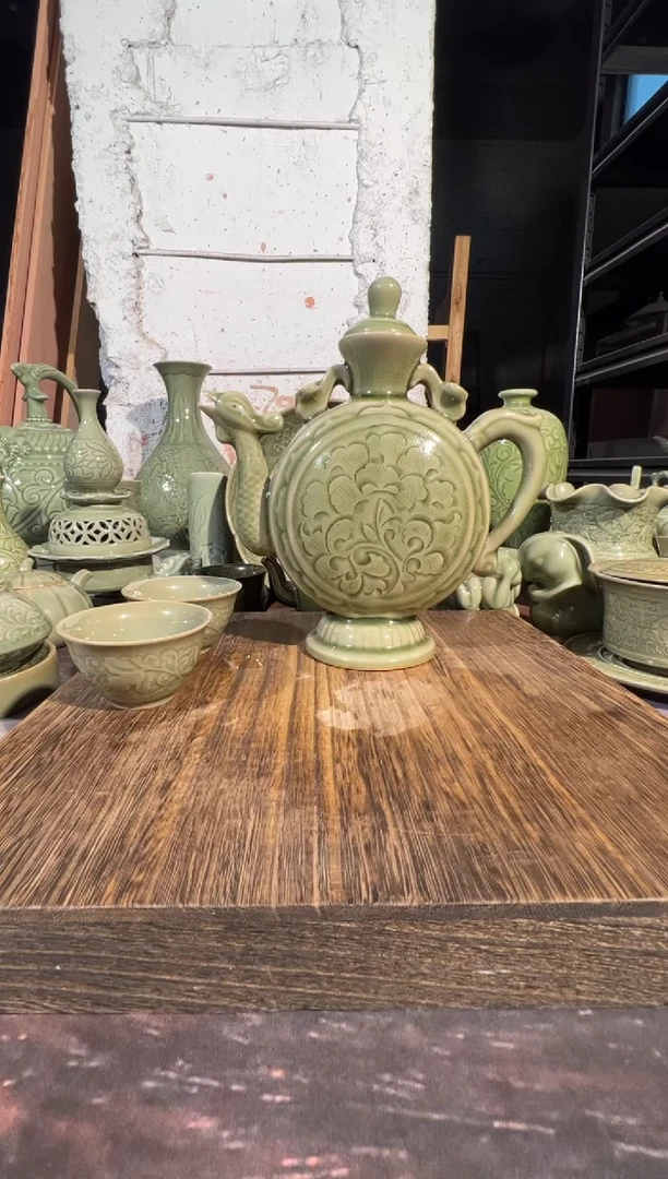 微瑕耀州窑凤鸣壶+莲纹小杯2