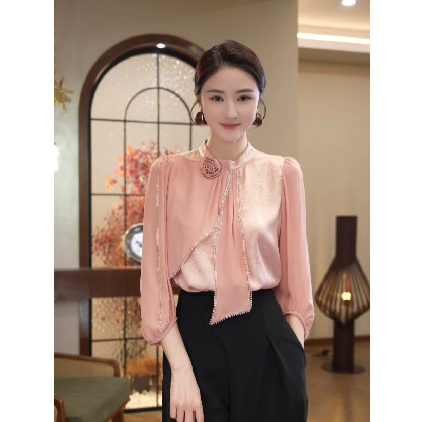 唐熹2025春季新款【Q24-X321】气质高级感粉色减龄缎面时尚衬衫上衣