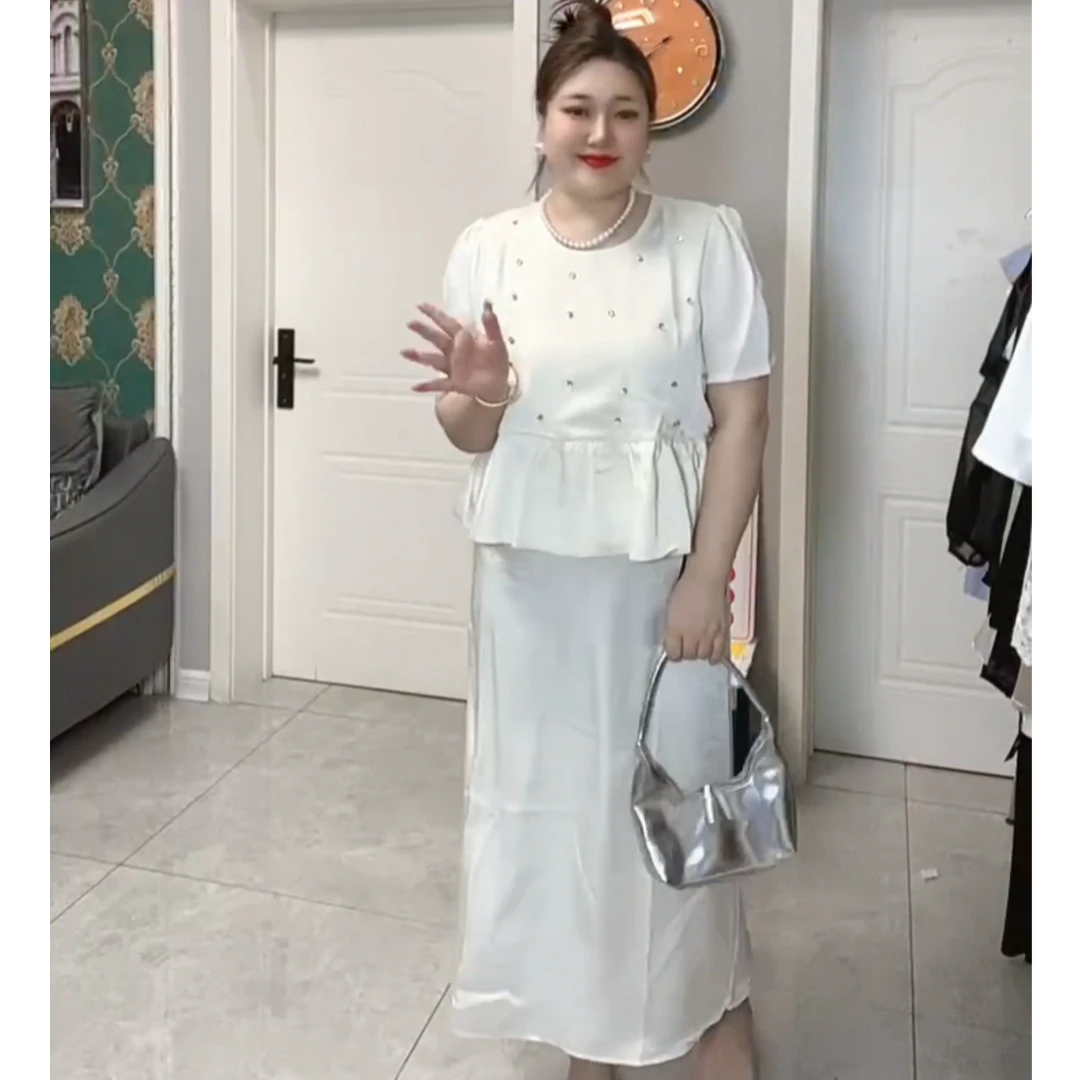【嘎嘎推荐】法式气质小香重工钉钻荷叶边洋气时尚短袖显瘦两件套
