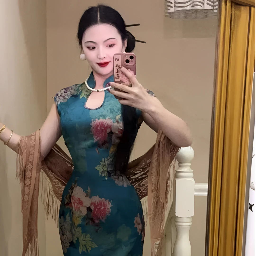 新中式国风贝壳袖性感改良旗袍连衣裙蓝佳人气质