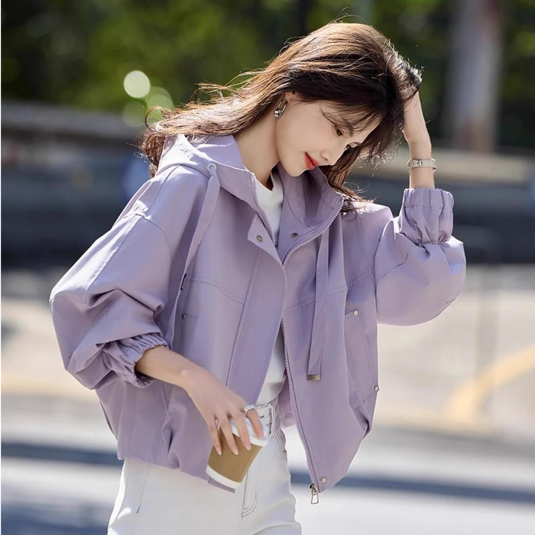 短款连帽通勤外套女2025年新款春秋款小个子宽松休闲夹克上衣