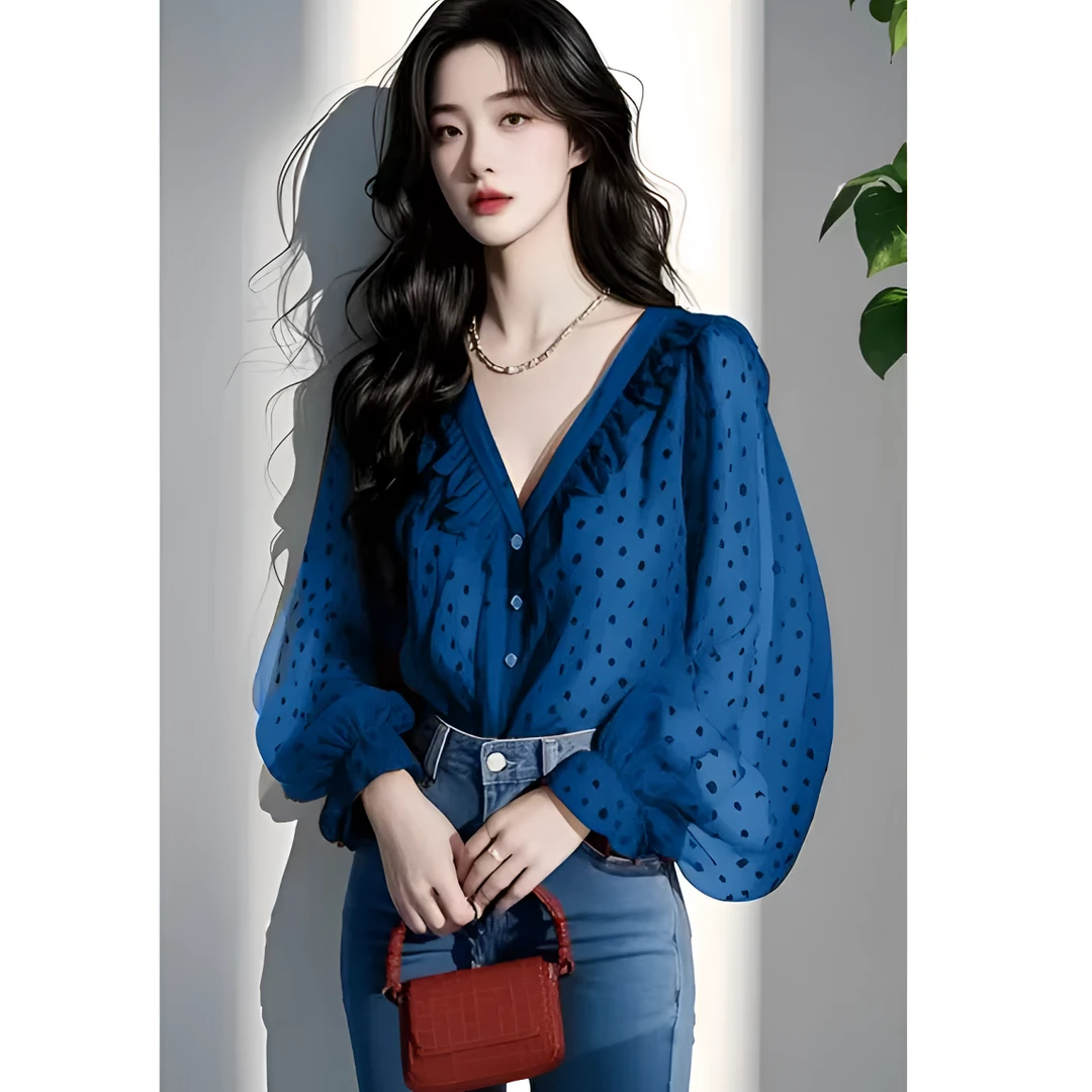 2025新款独特漂亮小衫港风复古v领木耳边雪纺长袖衬衫女春