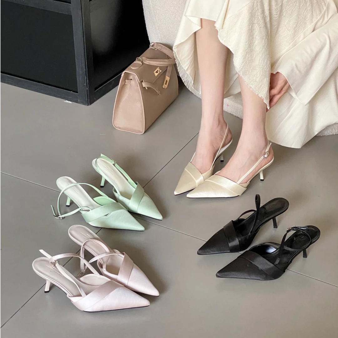 2025新款百搭法式细跟浅口尖头气质高跟鞋简约蝴蝶结后空单鞋女