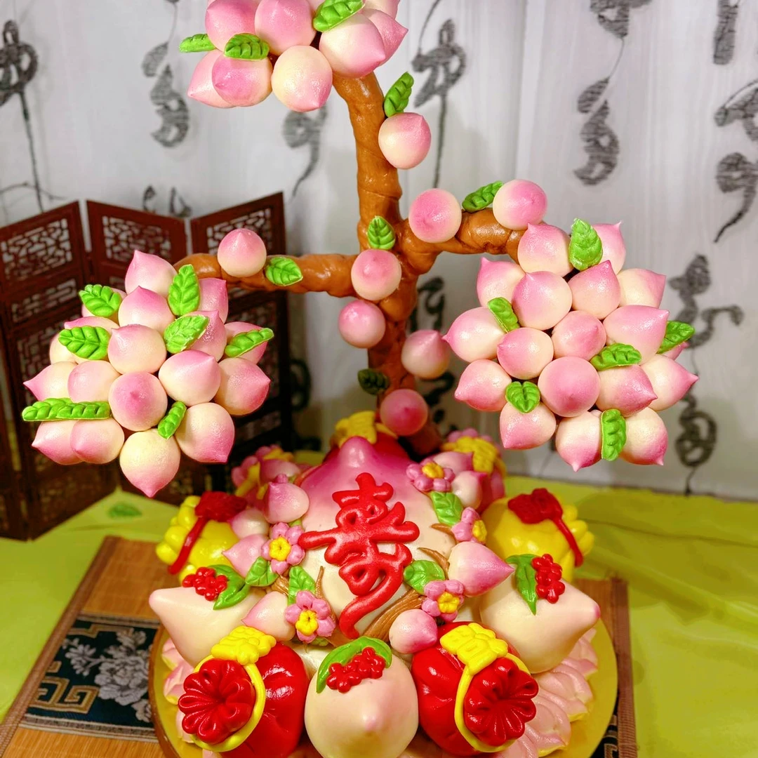 胶东花饽饽长辈生日花馍桃树蛋糕花样手工制作面食款408