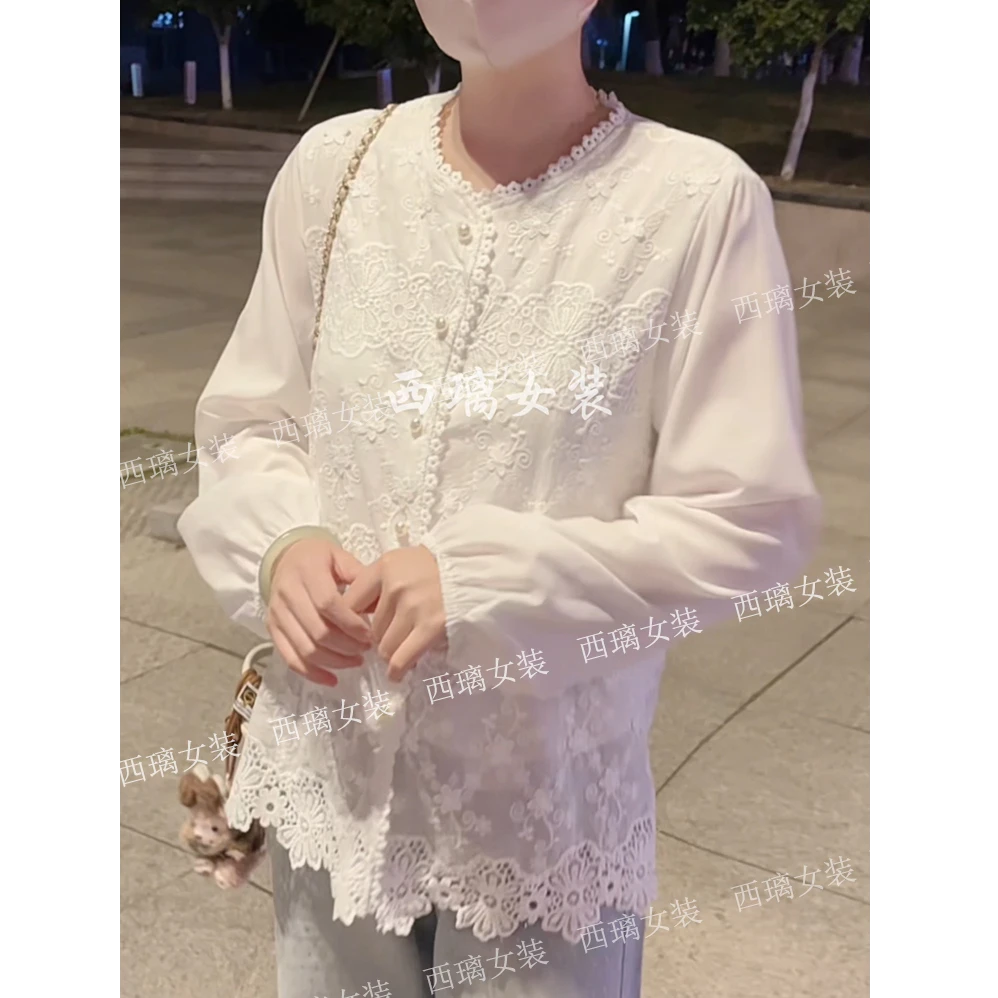 【白茶】春季新中式米白色国风打底衫衬衫女士长袖中国风气质蕾丝