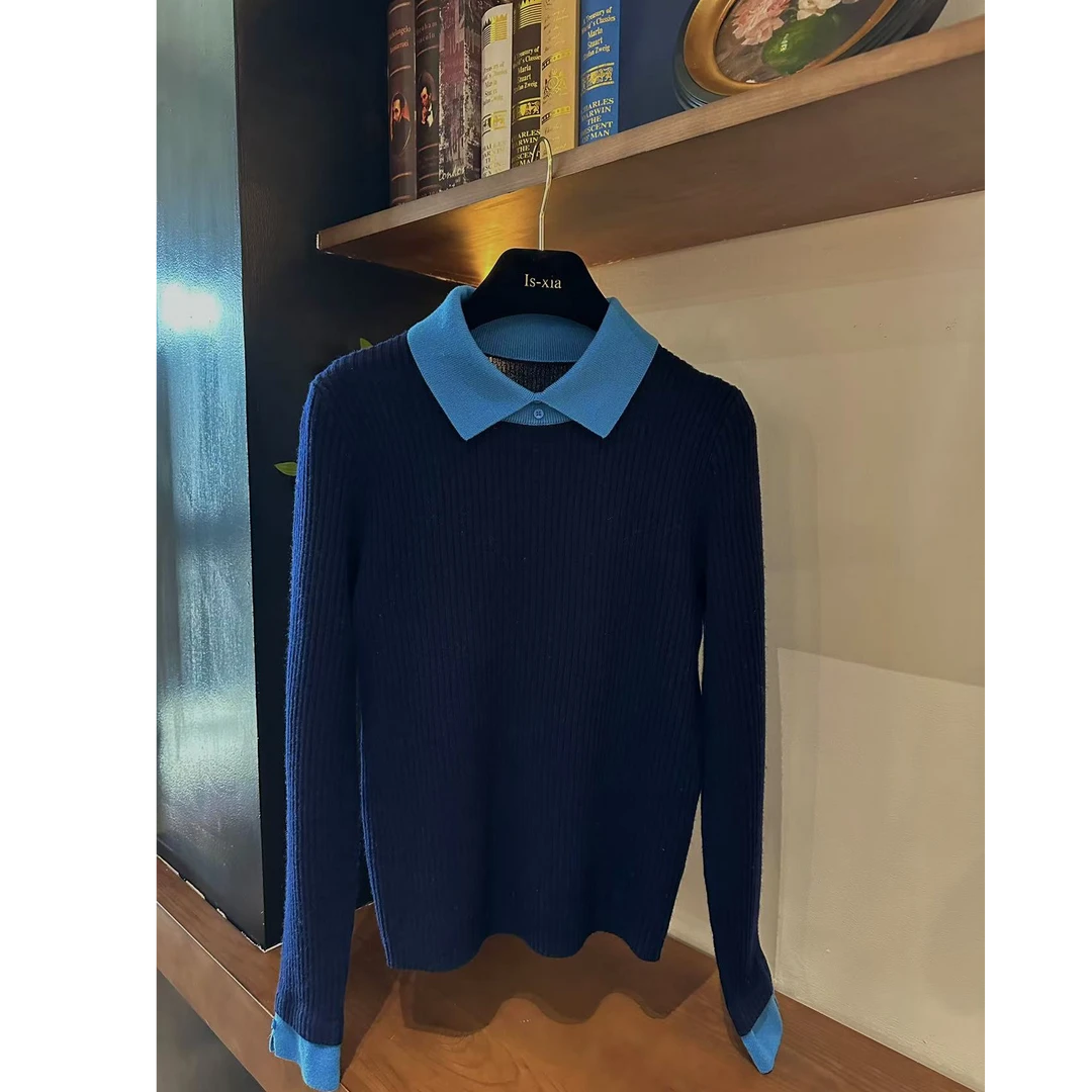 【时髦配方】100%绵羊毛假两件POLO衫纯色百搭针织衫