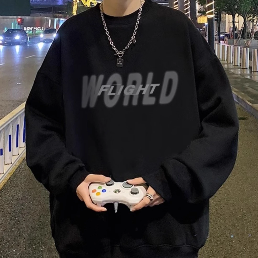 美式重磅圆领印花卫衣男女潮牌秋冬oversize加绒加厚宽松休闲上衣