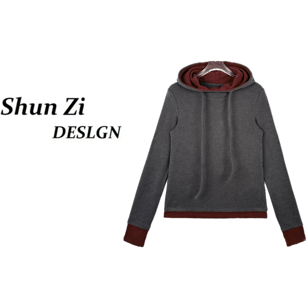 顺子/SZ6925 设计师款冬季桑蚕丝绵羊毛百搭拼接连帽抽绳套头卫衣