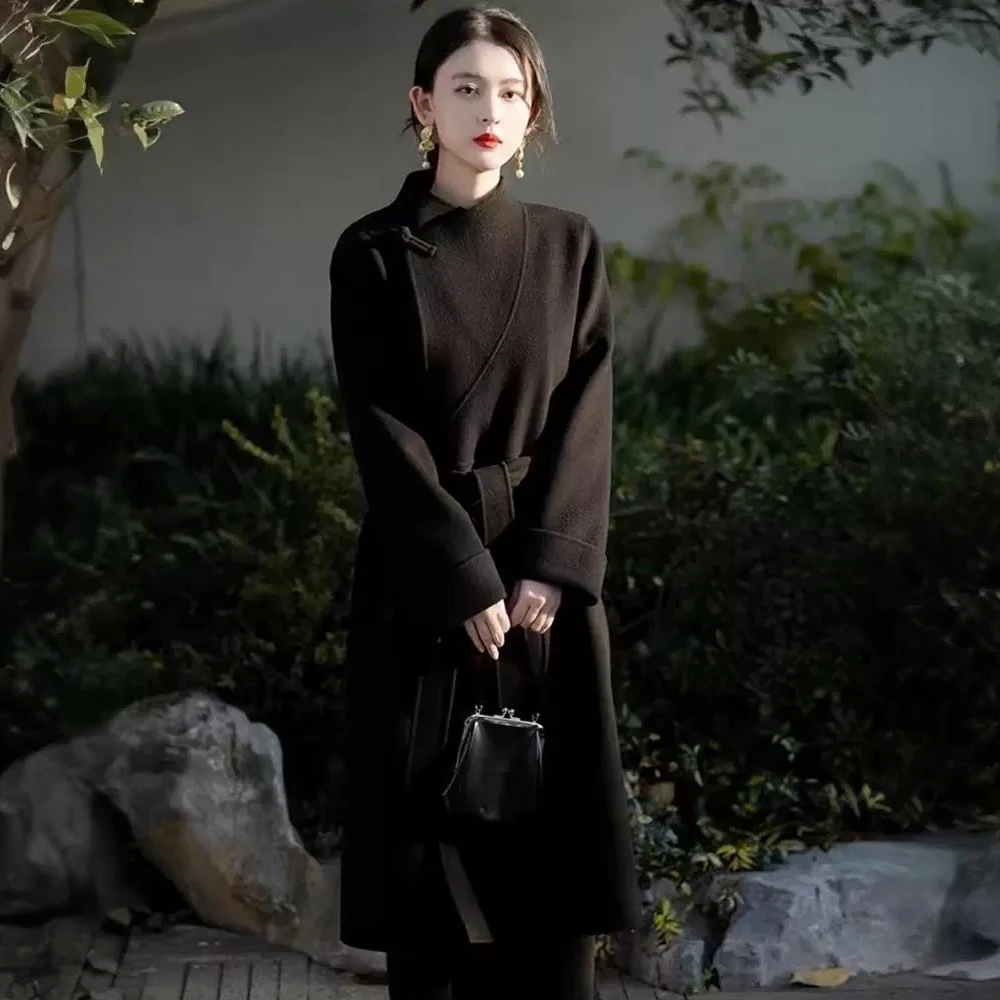 黑色新中式双面羊绒大衣女士中长款过膝羊毛双面呢高级感毛呢外套