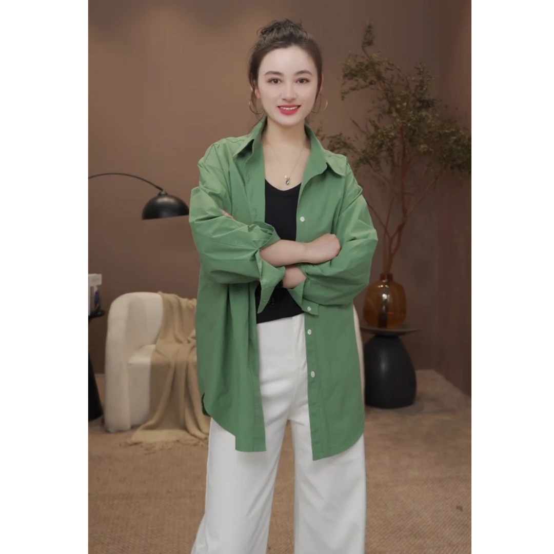 【悦欢】春季新款长袖衬衫休闲时尚百搭绿色薄款宽松设计感中长款