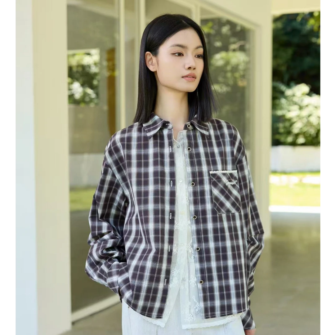 【商场品质】韩版洋气设计感 蕾丝拼接假两件百搭格子衬衫 YL 1765