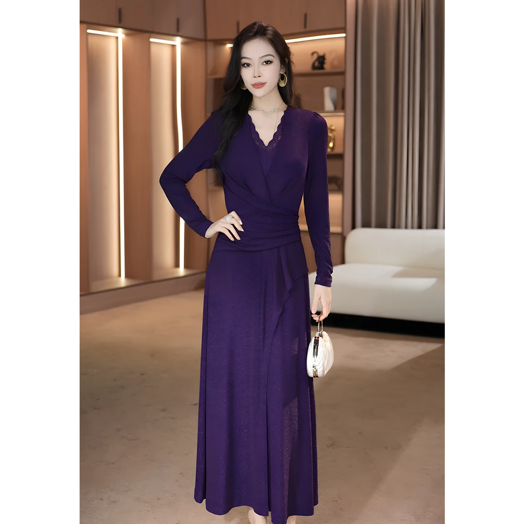 阳阳【鸢尾纱影】法式浪漫轻奢拼接蕾丝V领收腰连衣裙-L312055