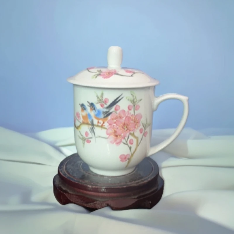 景德镇陶瓷全手工手绘水点桃花办公杯