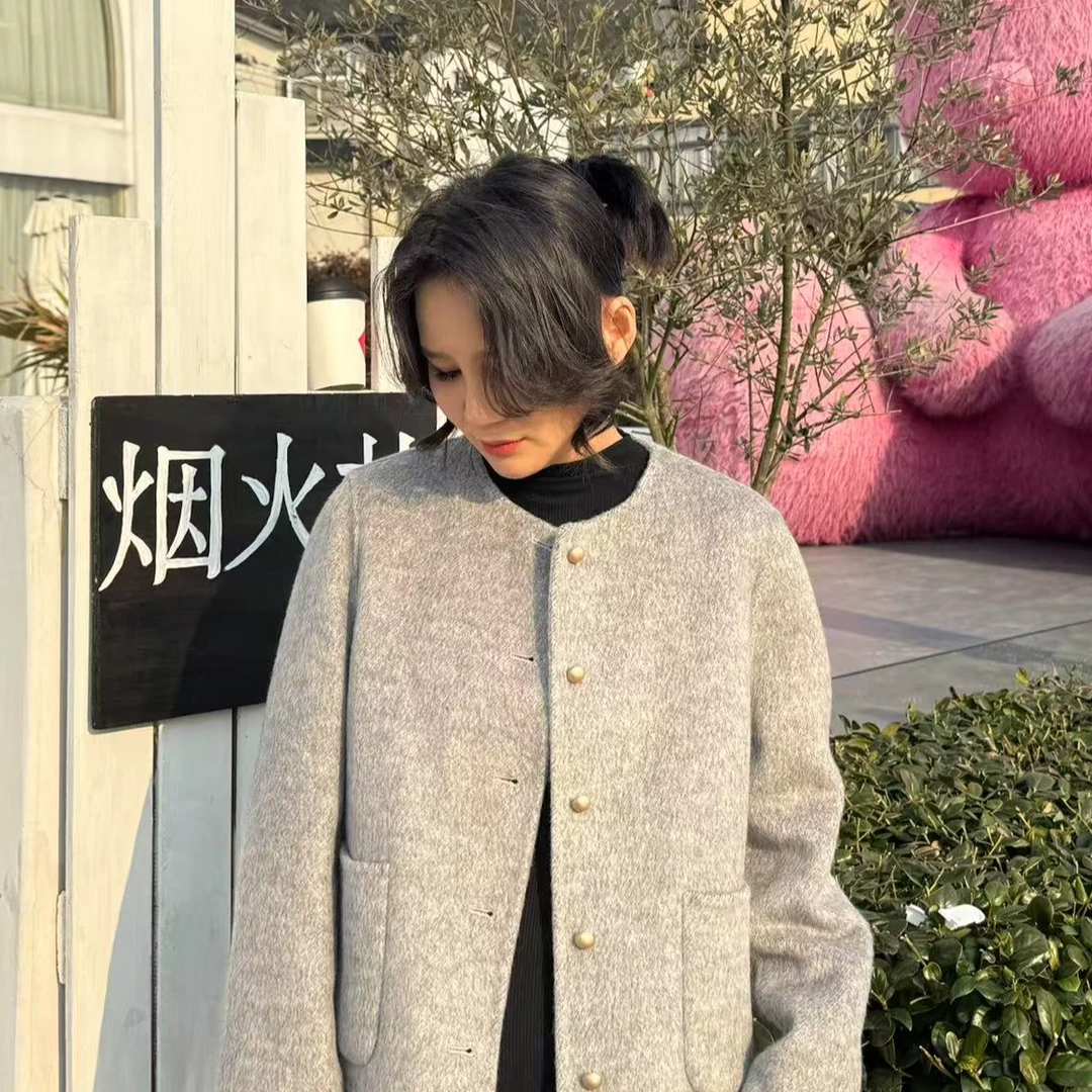 【早春新款】2306韩系时尚百搭气质风遮肉显瘦短款小香双面羊毛外套