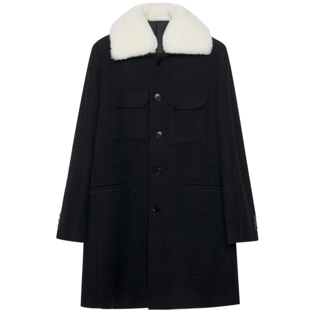 DEPO46C53男士冬季呢大衣时尚休闲百搭保暖黑色中长翻领羊毛大衣