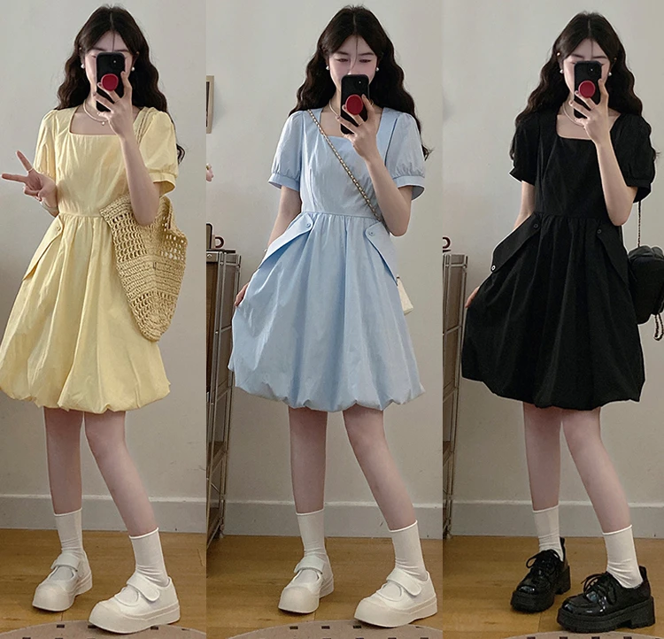 2025夏款胖mm大码女法式温柔风纯色花苞裙收腰蓬蓬连衣裙21805