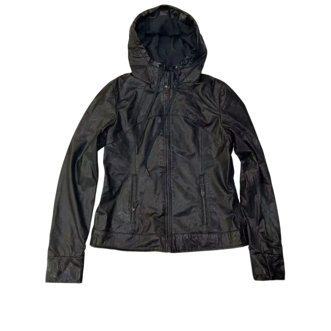 春秋新款连帽百搭气质连帽拉链皮衣9707