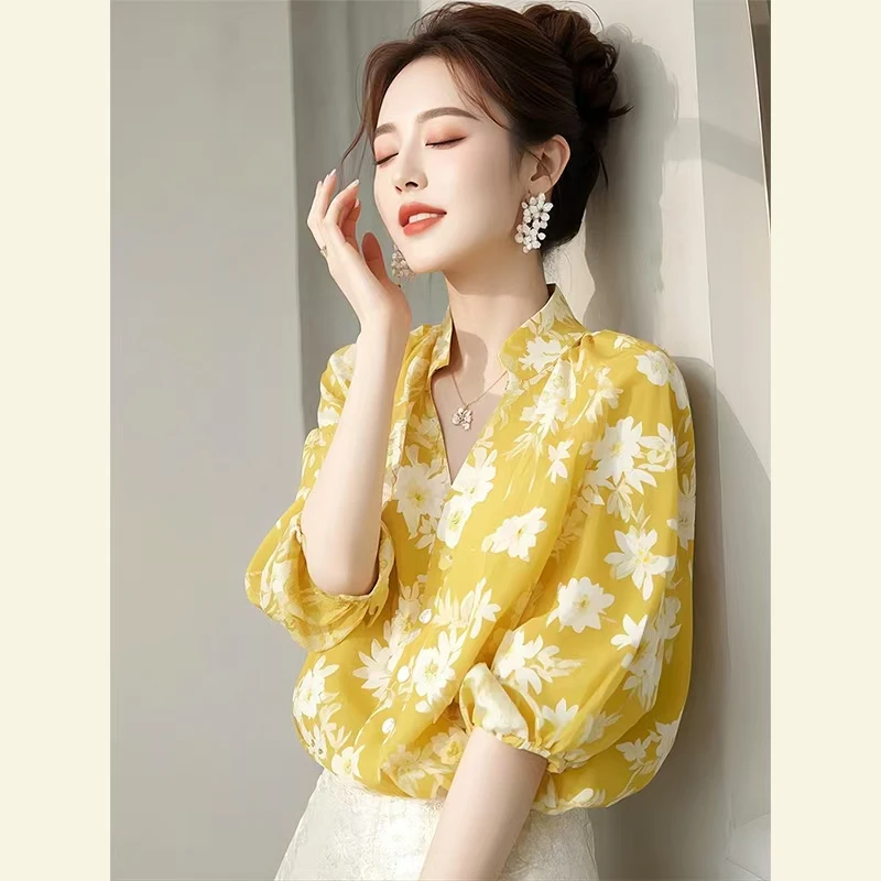 气质减龄黄色印花雪纺衬衫女夏季2025新款欧货洋气上衣七分袖衬衣