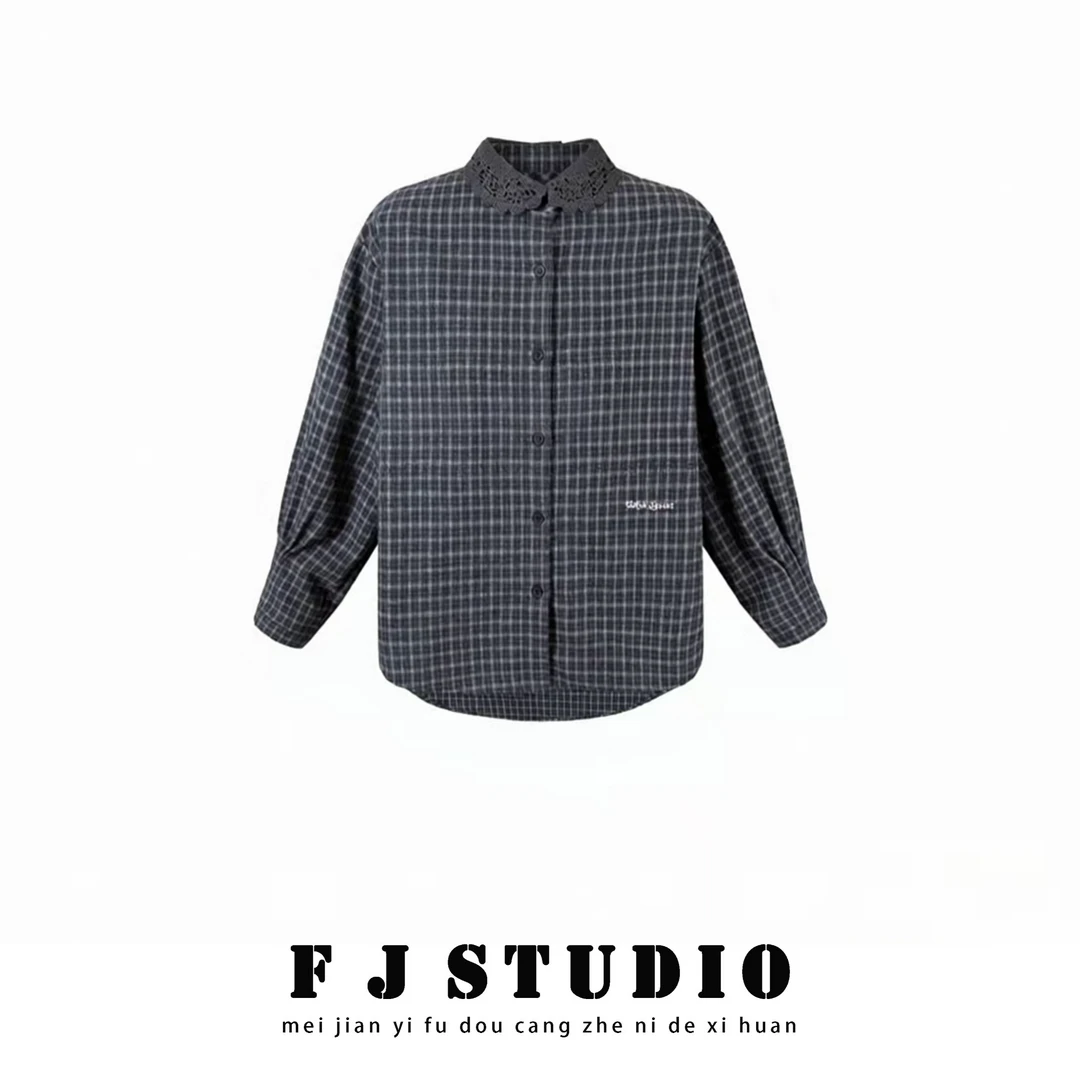 凤姐定制 {重影} F0122025080 冬季新款蕾丝花边领刺绣格子衬衫女