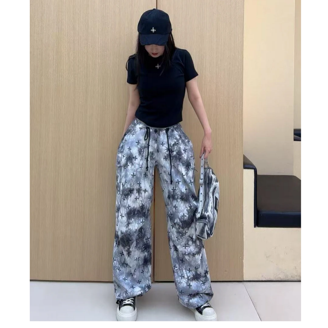 【3月新款合集】水墨扎染国潮十字花短袖黑花园长裤直筒复古工装裤