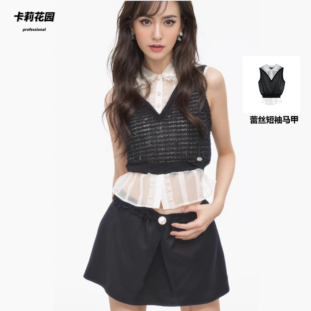 【CG-Y】夏季新款假两件针织上衣蕾丝短袖修身马甲