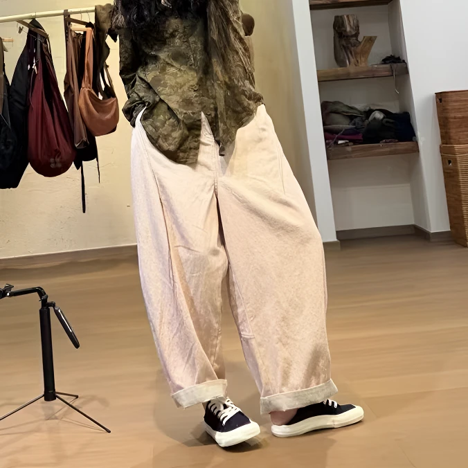 忆古朴拙色织双色手工撞色边春夏秋休闲8分裤250311百搭阔腿裤