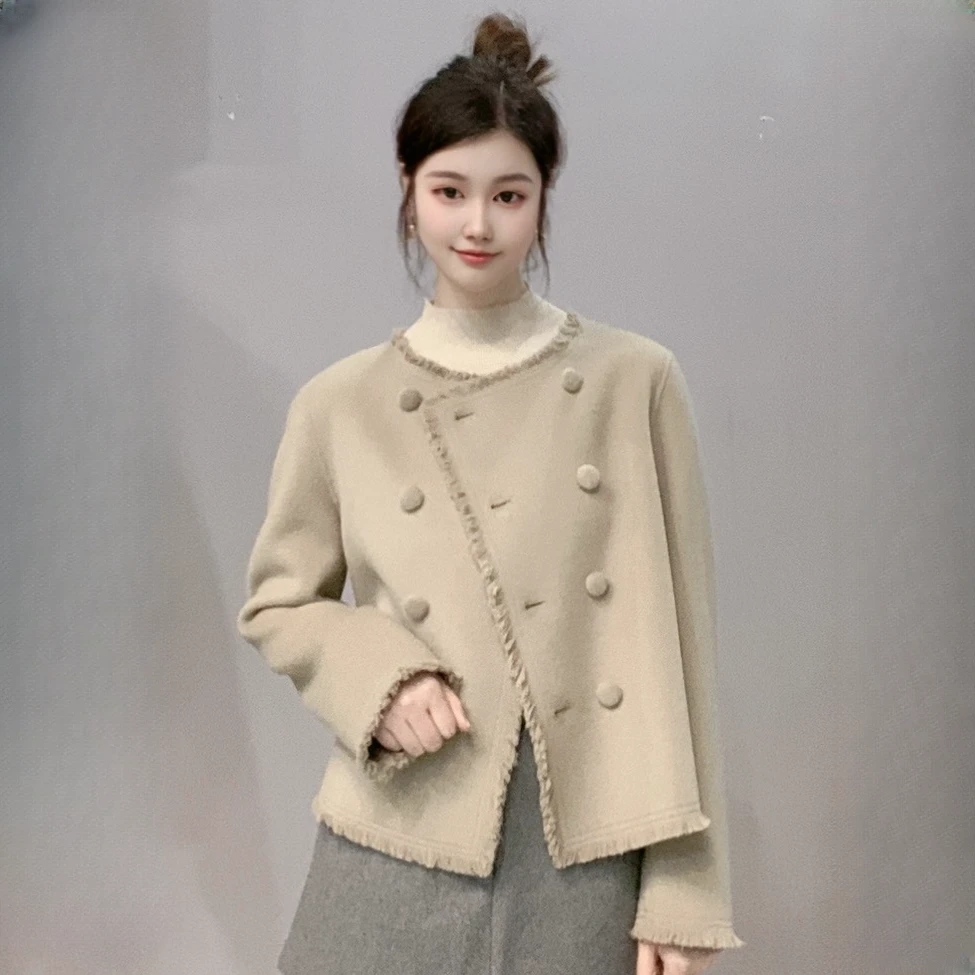 秋冬圆领双面气质洋气轻奢百搭小香风流苏毛呢短外套-812女款