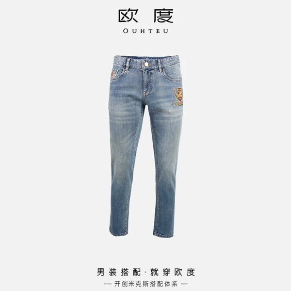 OUHTEU/欧度【瑞豹飞天 精致刺绣】春夏新款瑞豹飞天牛仔裤男7501