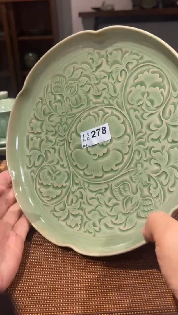 纯手工刻花牡丹花边盘278号