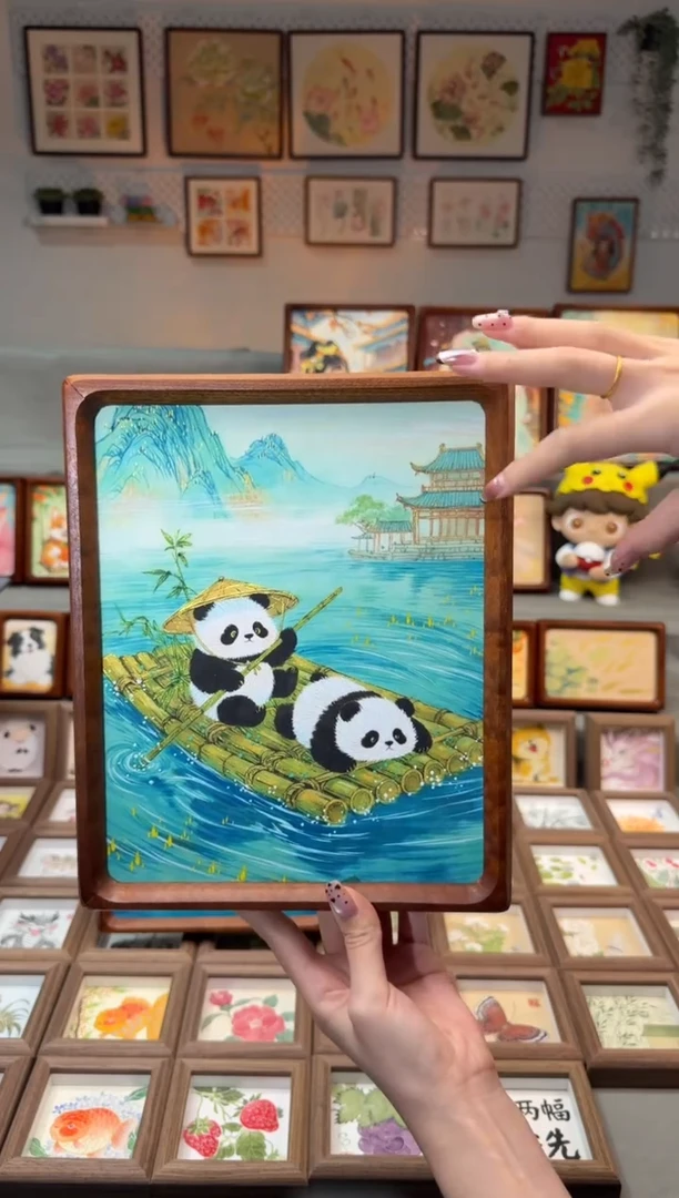 国画划船熊猫 手绘国画10