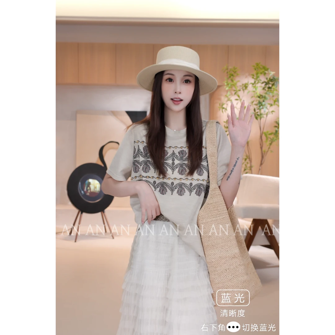 【孤品 no退no换】C03121休闲宽松独特小众短袖珠子复古花纹T恤