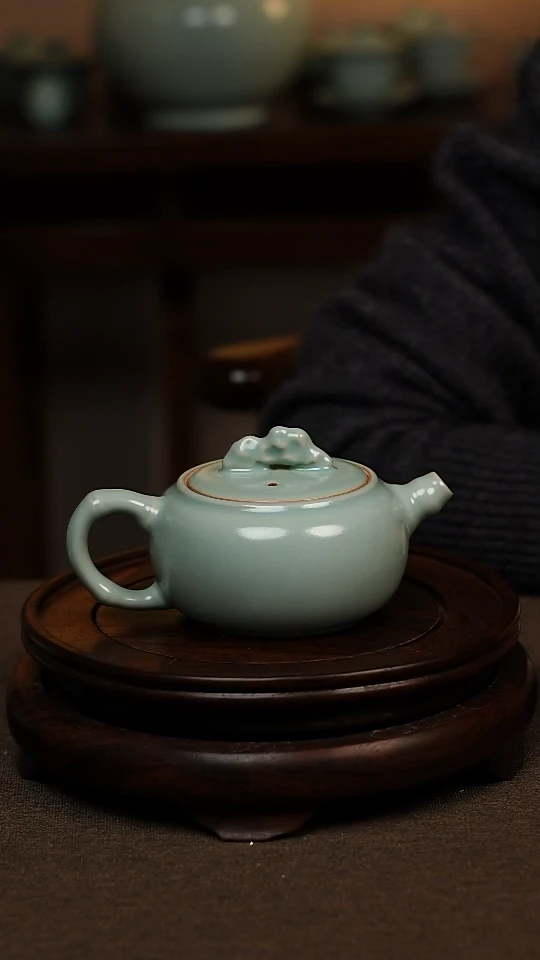 瓷片仿古天青全手工竹笙壶180ml 微瑕 不带礼盒