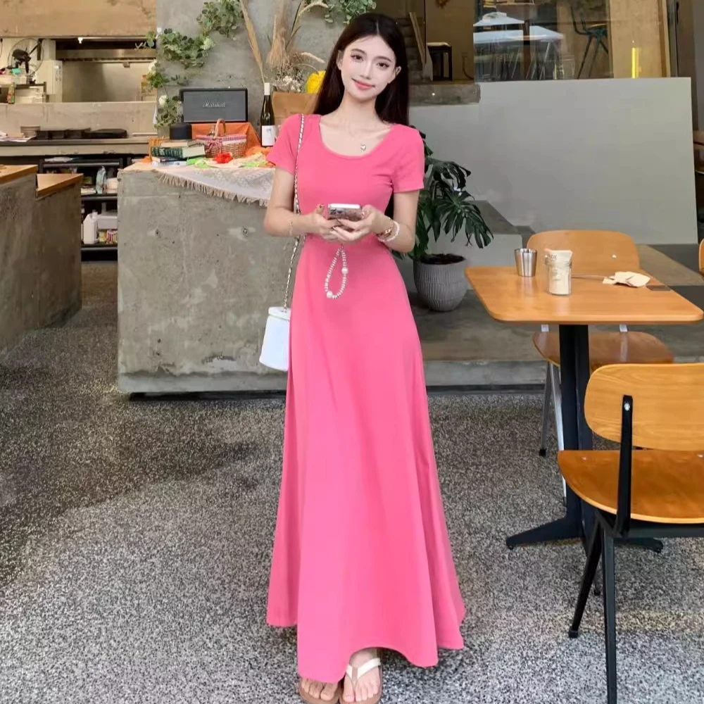「莓红沁夏」清新淑女风纯色U领显瘦收腰修身短袖连衣裙休闲A字裙