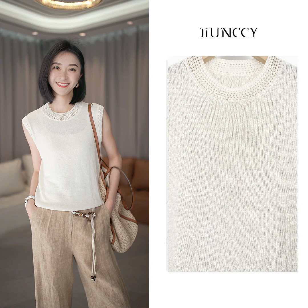 JIUNCCY【圆满】春夏和纸纱微镂空圆领舒适百搭背心 52YBX001