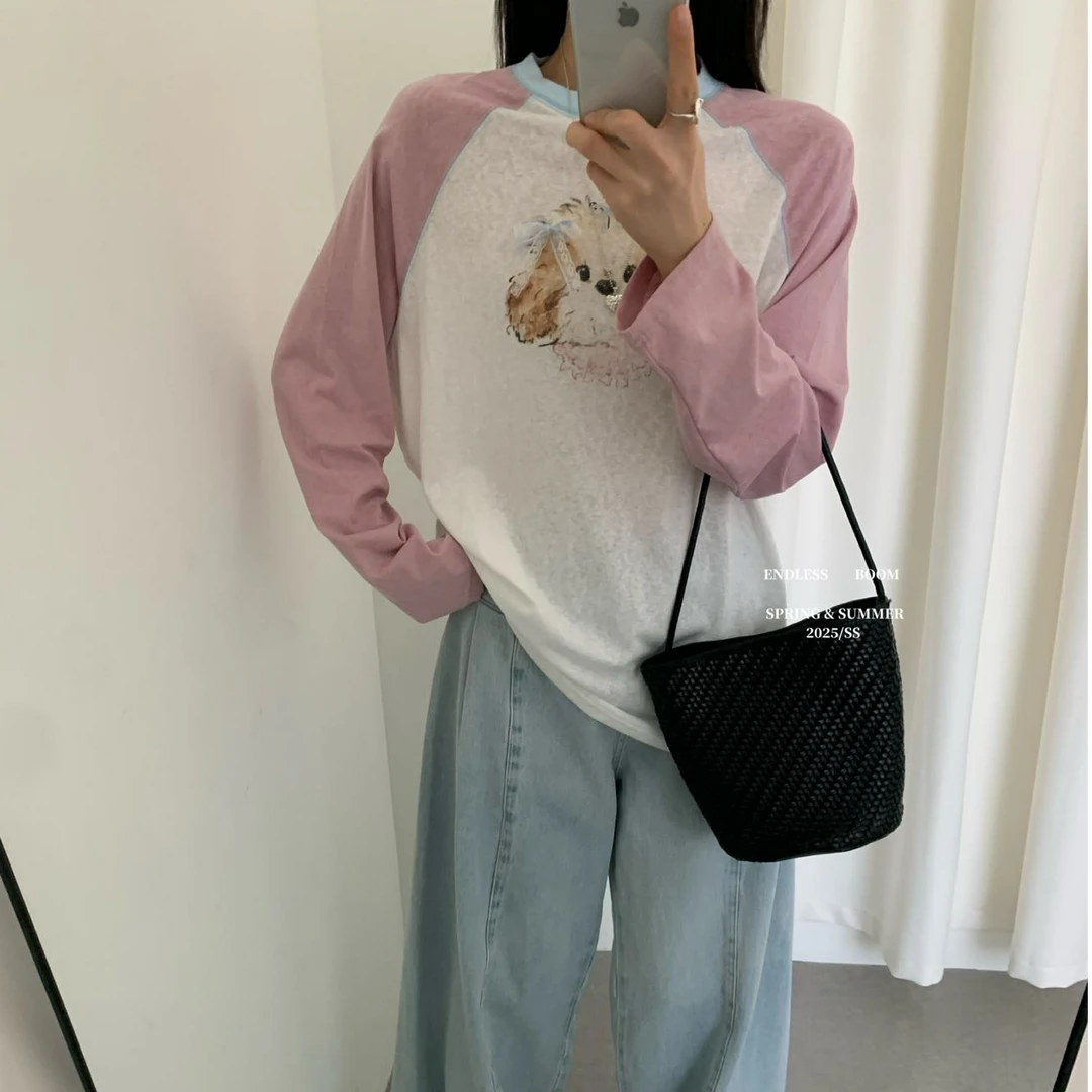 （小狗）雪花棉蝴蝶结印花长袖防晒T恤