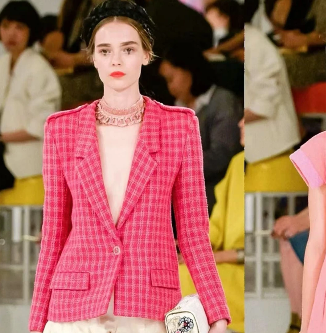 95新 Chanel/香奈儿 玫红色细格纹西装外套/F36/编号254